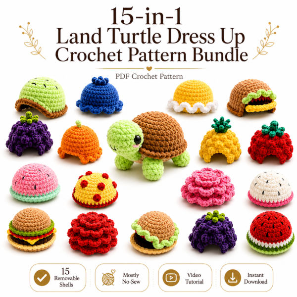 ChatGPT Image Aug 9, 2026, 06_18_29 PM 15-in-1 Land Turtle Dress Up Crochet Pattern Bundle
