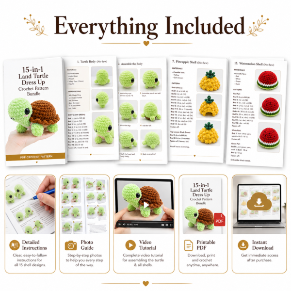 ChatGPT Image Aug 9, 2026, 06_18_48 PM 15-in-1 Land Turtle Dress Up Crochet Pattern Bundle
