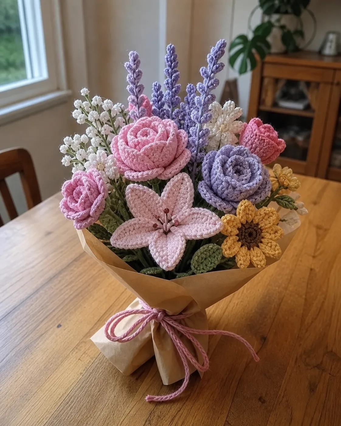 Small crocheted blossom appliqué resting on pale linen