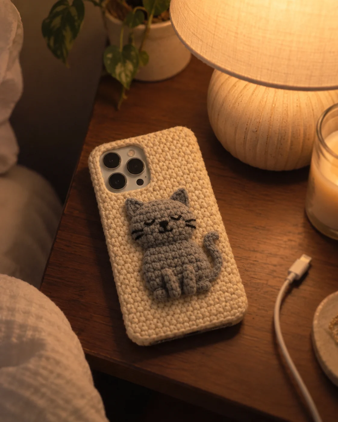 Handmade crochet sleepy cat phone case on a nightstand