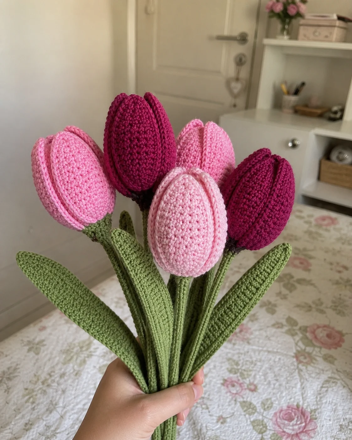 Crocheted flowers worked in several yarn colours side by side