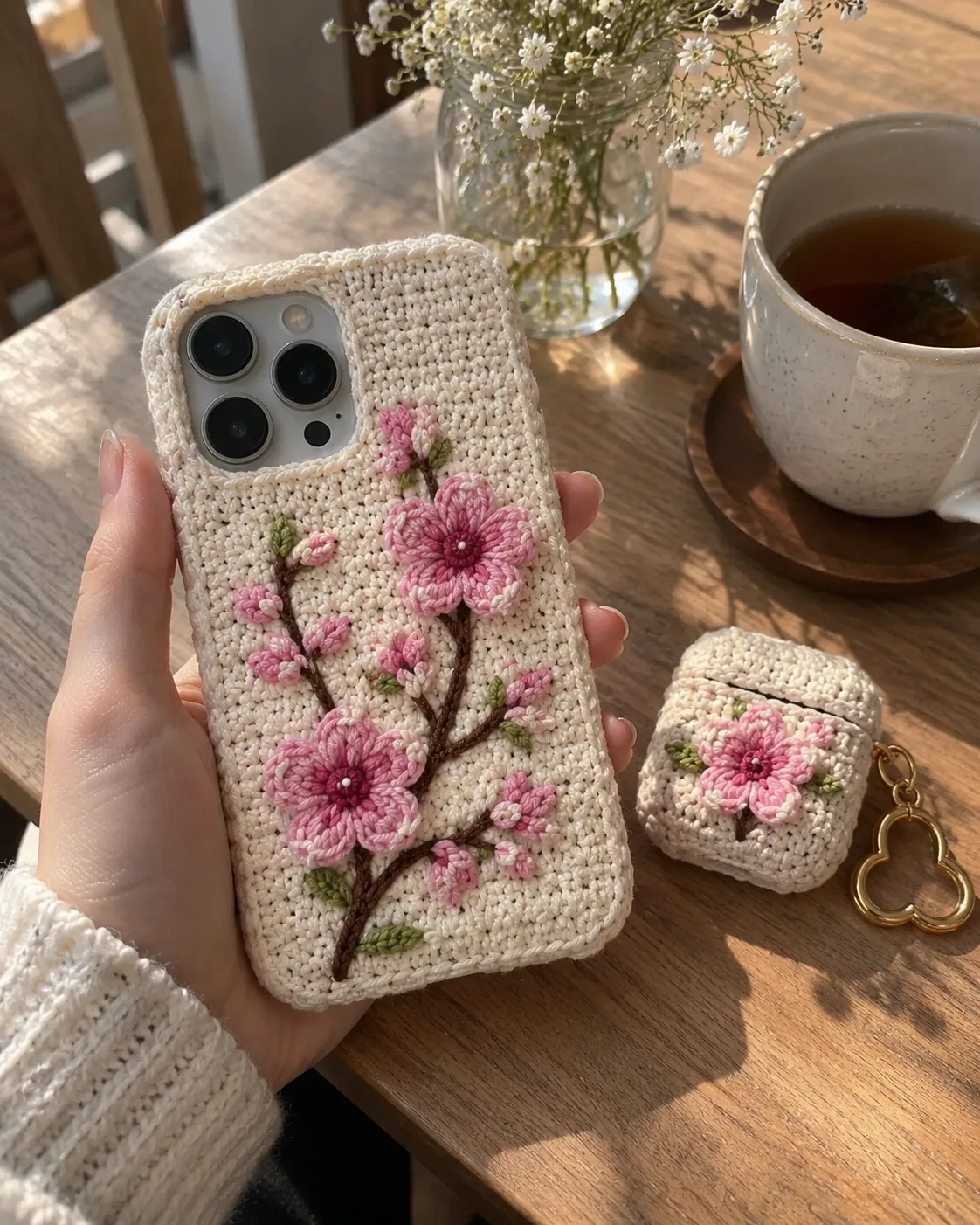 Matching crochet strawberry phone and AirPods case outdoors
