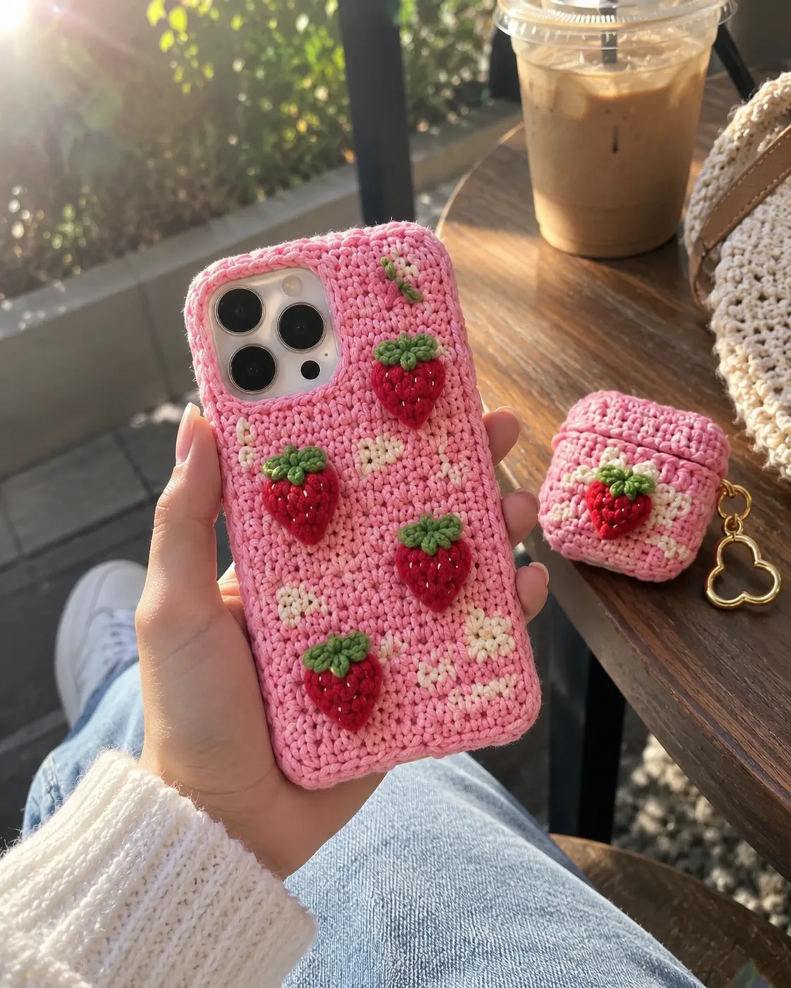 Matching crochet granny square phone and AirPods case flat lay