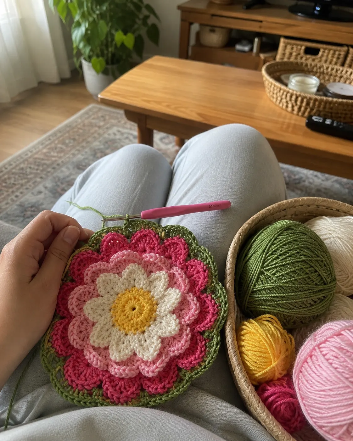 Finished crocheted flowers gathered in a small bundle