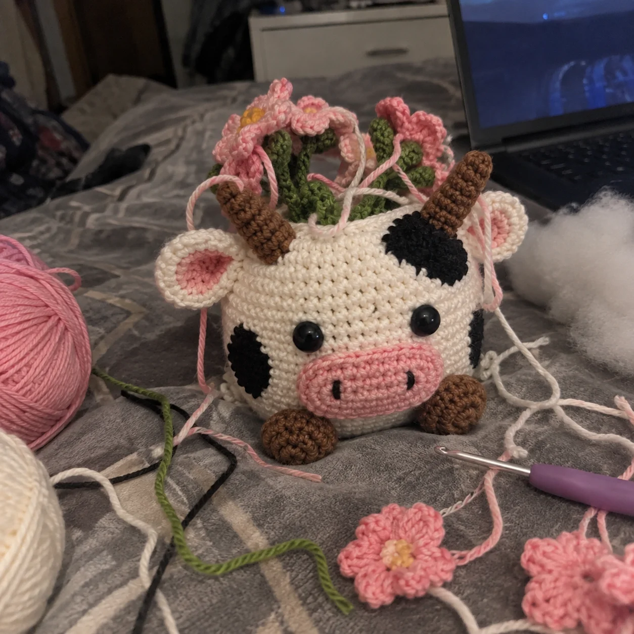 Finished crochet critter planter pot made from the pattern