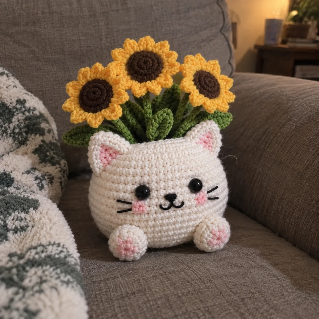 Crocheted animal planter pot with flower bouquet