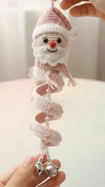 Handmade crochet spiral ornament finished and hanging