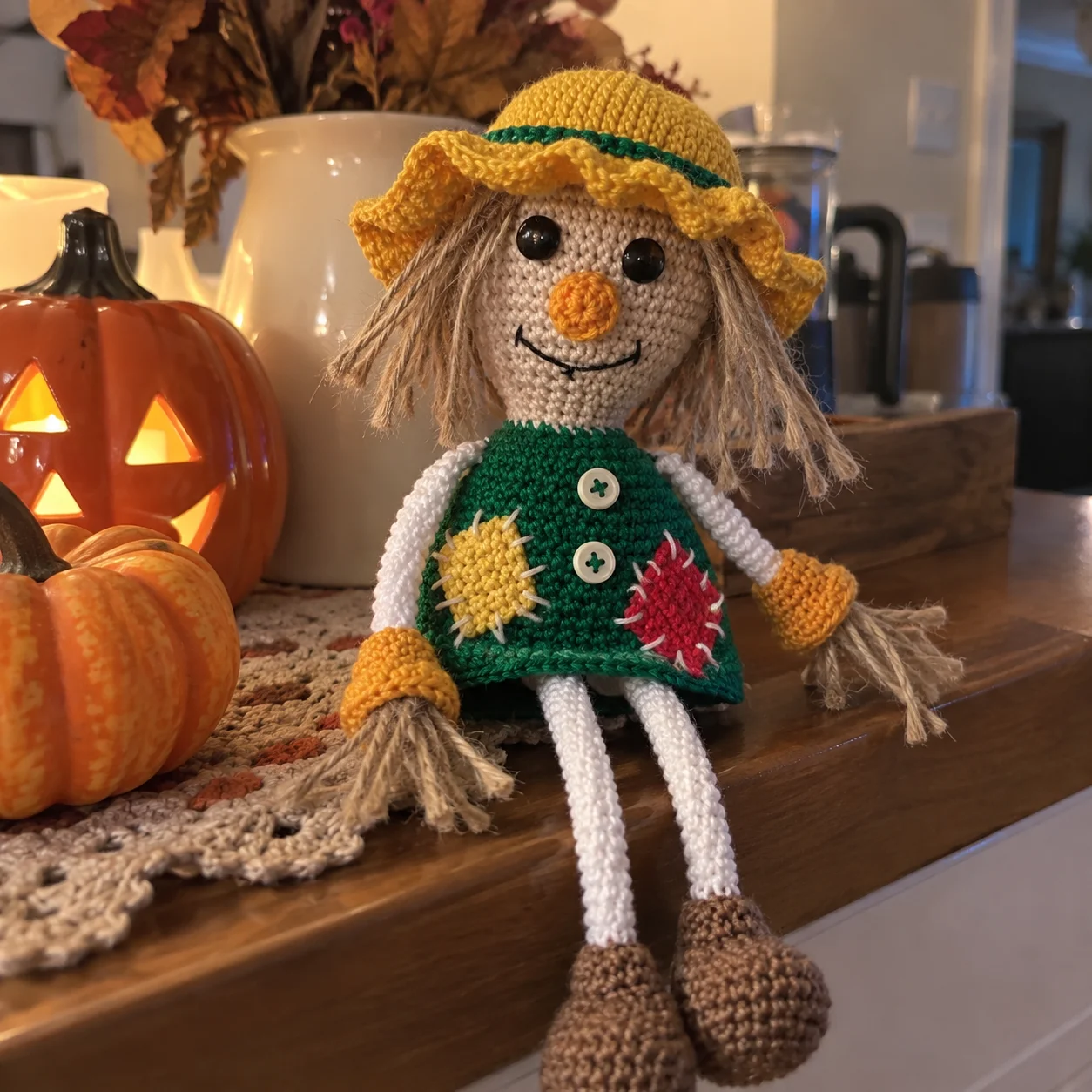 Finished Halloween scarecrow crochet doll